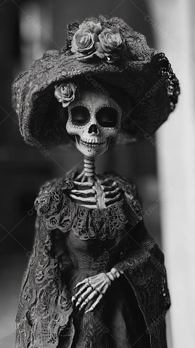 Retrato Artístico em Preto e Branco de Mulher com Maquiagem La Catrina e Chapéu Decorado com Rosas no Estilo Dia de Los Muertos
