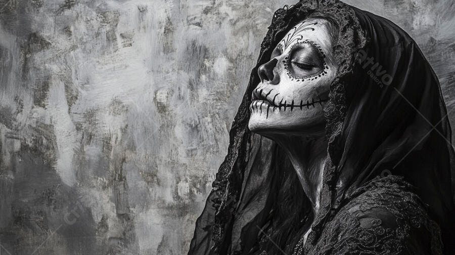 Mulher com maquiagem de caveira Dia dos Mortos