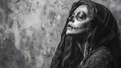 Retrato Artístico em Preto e Branco de Mulher com Maquiagem La Catrina e Chapéu Decorado com Rosas no Estilo Dia de Los Muertos