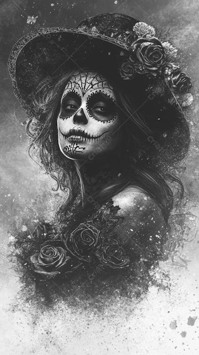Retrato Artístico em Preto e Branco de Mulher com Maquiagem La Catrina e Chapéu Decorado com Rosas no Estilo Dia de Los Muertos
