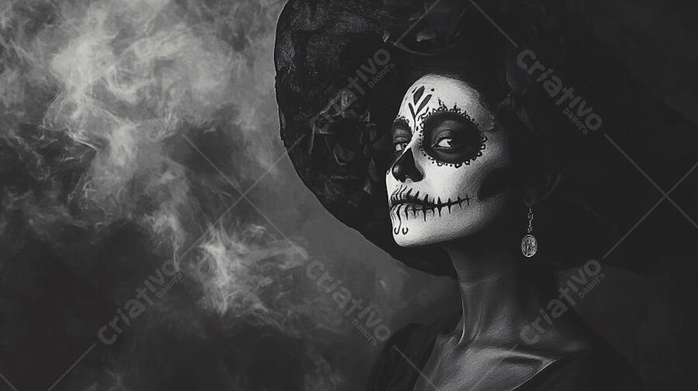 Retrato Artístico em Preto e Branco de Mulher com Maquiagem La Catrina e Chapéu Decorado com Rosas no Estilo Dia de Los Muertos