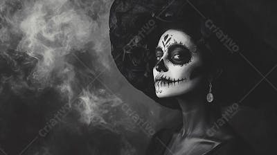 Retrato Artístico em Preto e Branco de Mulher com Maquiagem La Catrina e Chapéu Decorado com Rosas no Estilo Dia de Los Muertos