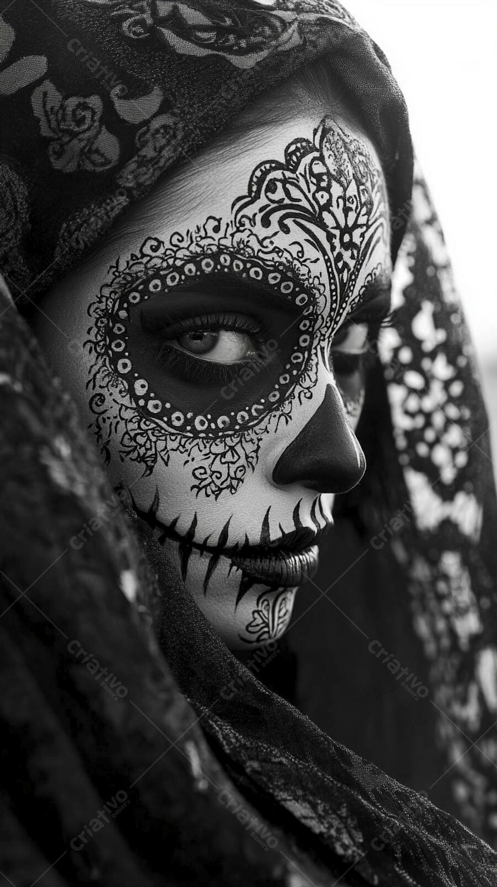 Retrato Artístico em Preto e Branco de Mulher com Maquiagem La Catrina e Chapéu Decorado com Rosas no Estilo Dia de Los Muertos