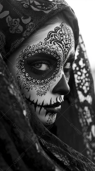 Retrato Artístico em Preto e Branco de Mulher com Maquiagem La Catrina e Chapéu Decorado com Rosas no Estilo Dia de Los Muertos
