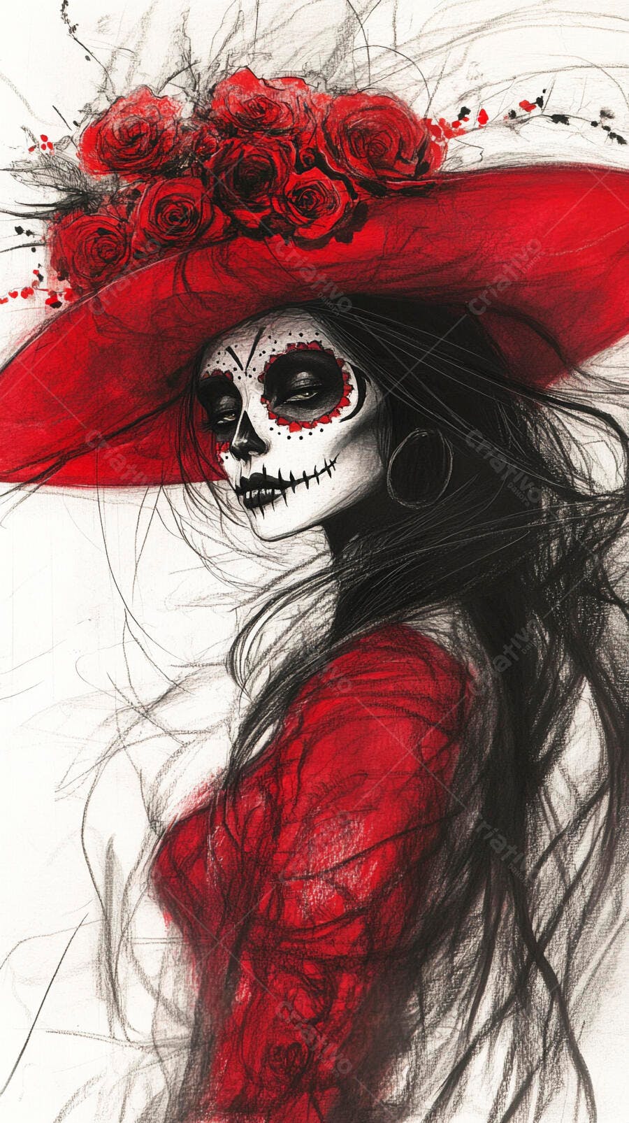 Mulher com maquiagem de caveira usando chapéu vermelho