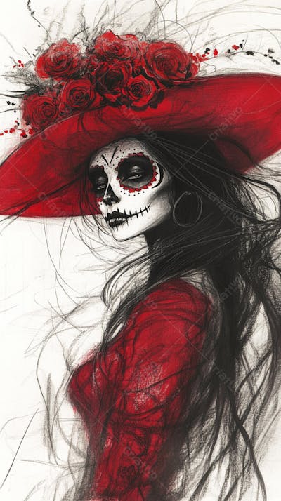 Retrato Artístico em Preto e Branco de Mulher com Maquiagem La Catrina e Chapéu Decorado com Rosas no Estilo Dia de Los Muertos