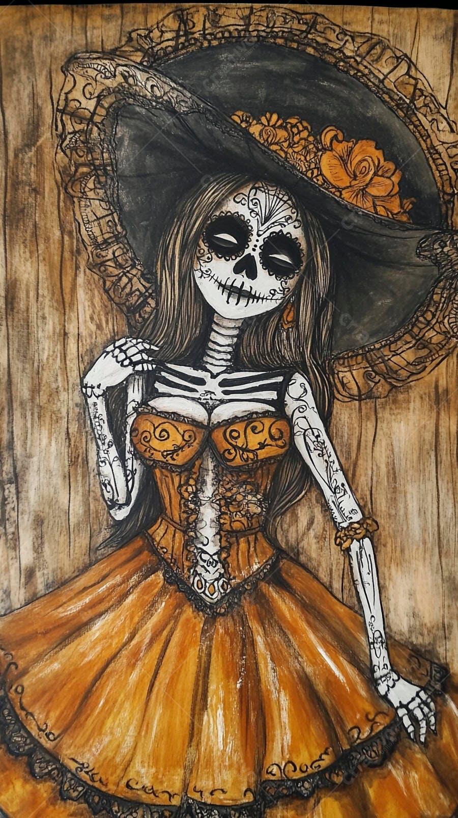 Catrina em vestido laranja Dia de los Muertos