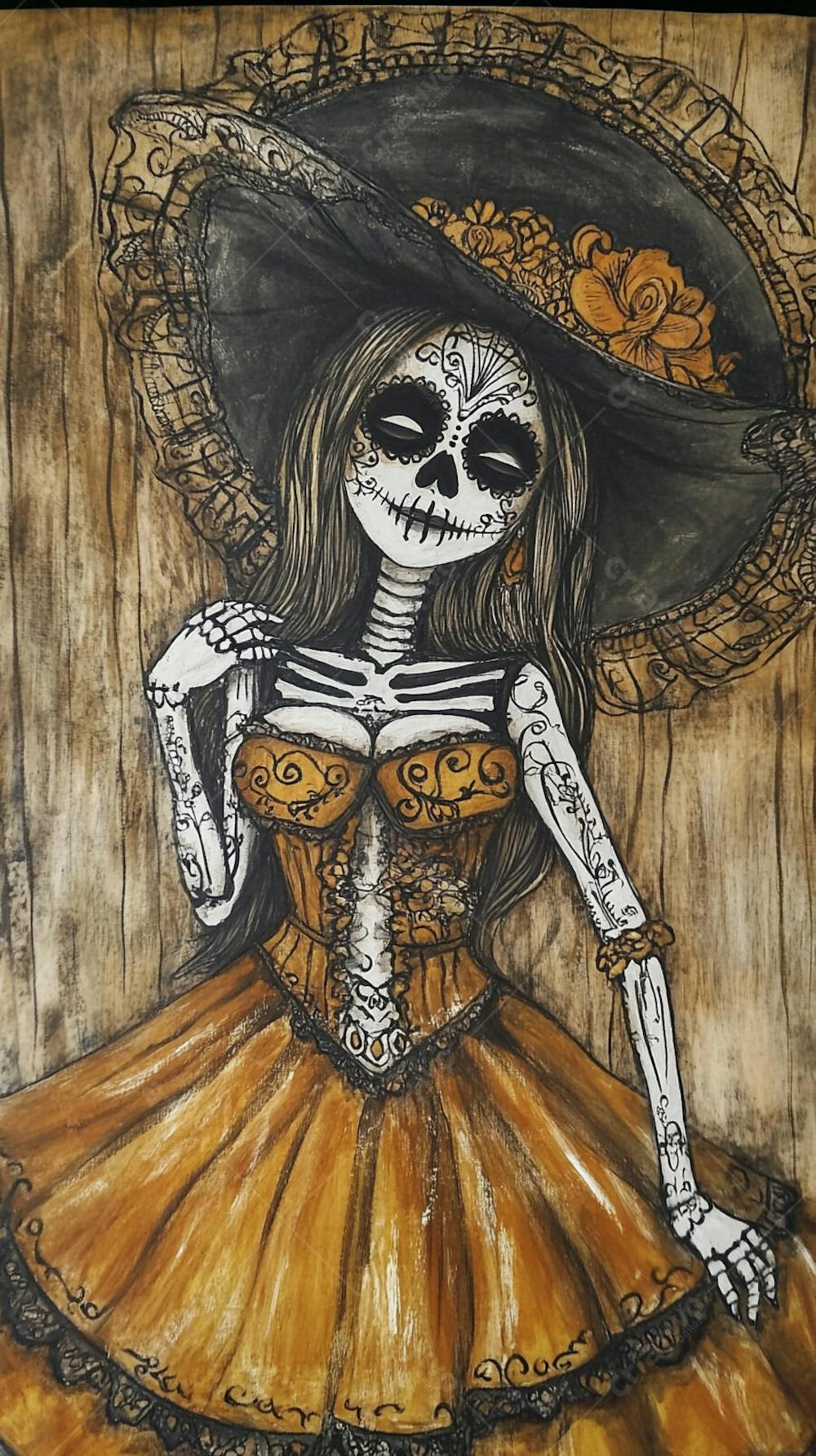 Retrato Artístico em Preto e Branco de Mulher com Maquiagem La Catrina e Chapéu Decorado com Rosas no Estilo Dia de Los Muertos