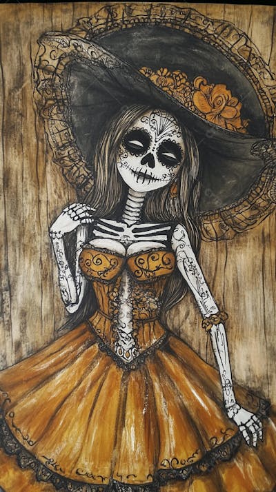 Retrato Artístico em Preto e Branco de Mulher com Maquiagem La Catrina e Chapéu Decorado com Rosas no Estilo Dia de Los Muertos