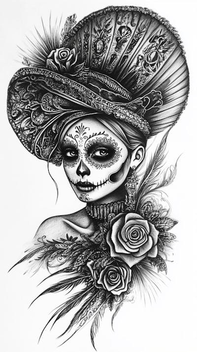 Retrato Artístico em Preto e Branco de Mulher com Maquiagem La Catrina e Chapéu Decorado com Rosas no Estilo Dia de Los Muertos