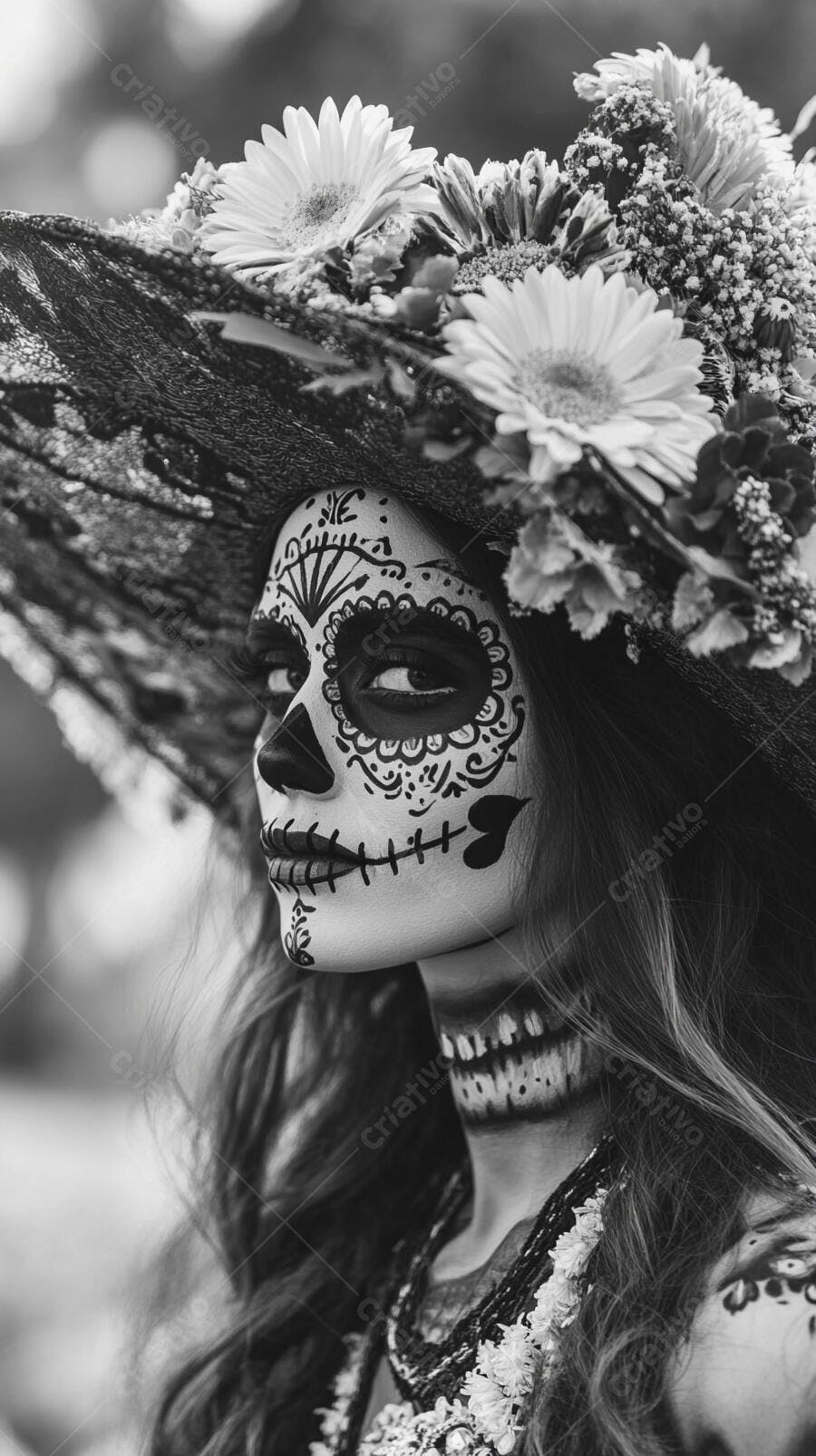 Maquiagem Dia de Los Muertos em tons preto e branco