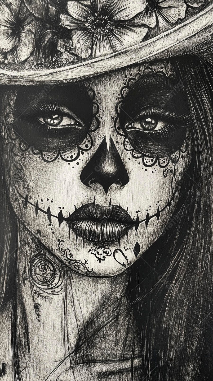 Mulher com maquiagem de caveira Dia de los Muertos