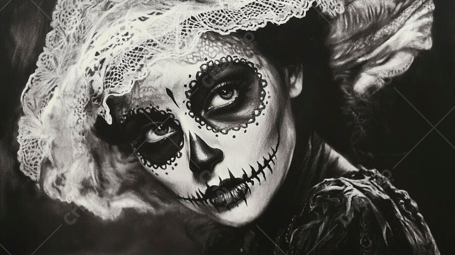 Mulher com maquiagem de caveira Dia dos Mortos