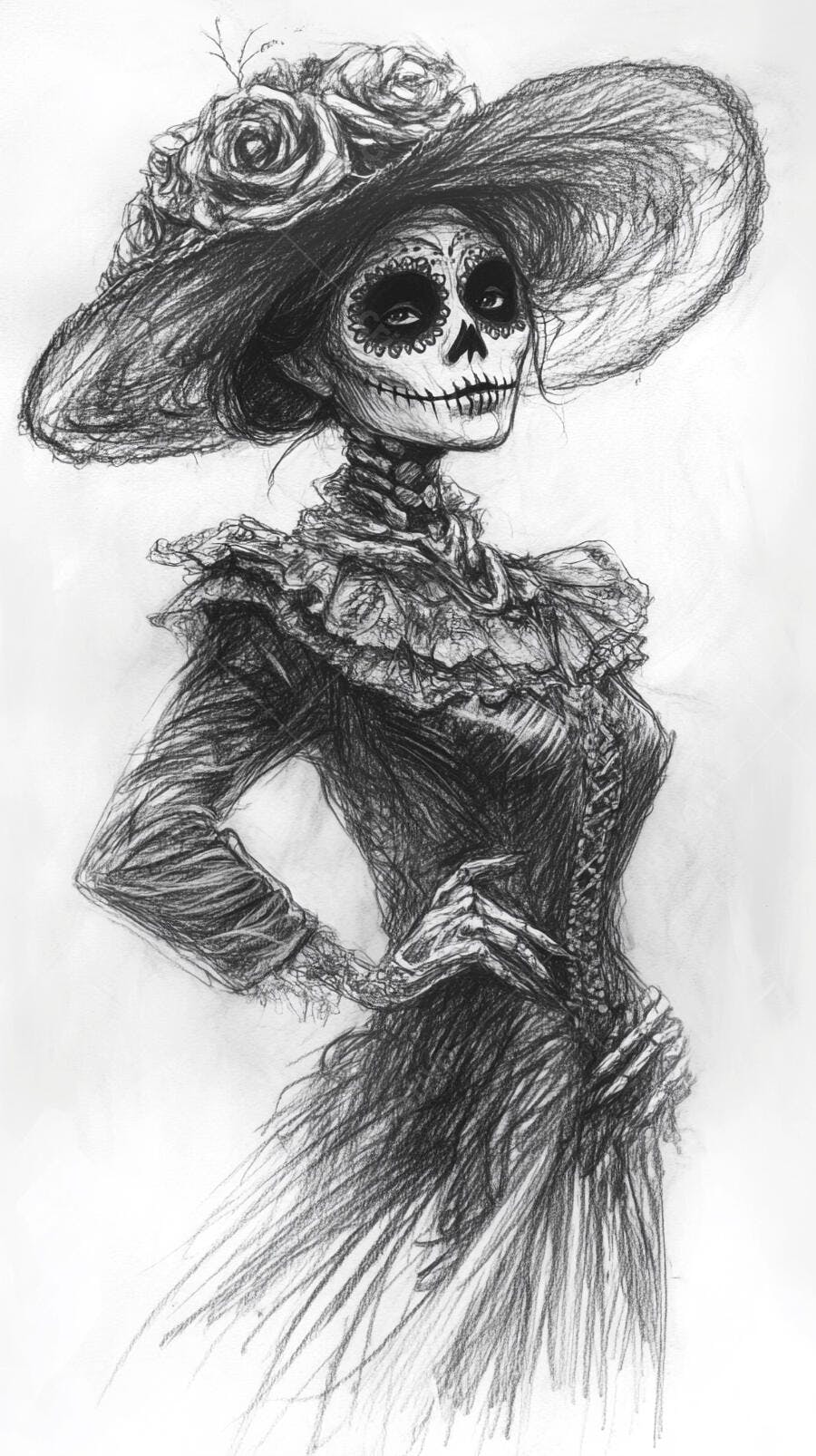Catrina elegante em vestido vitoriano