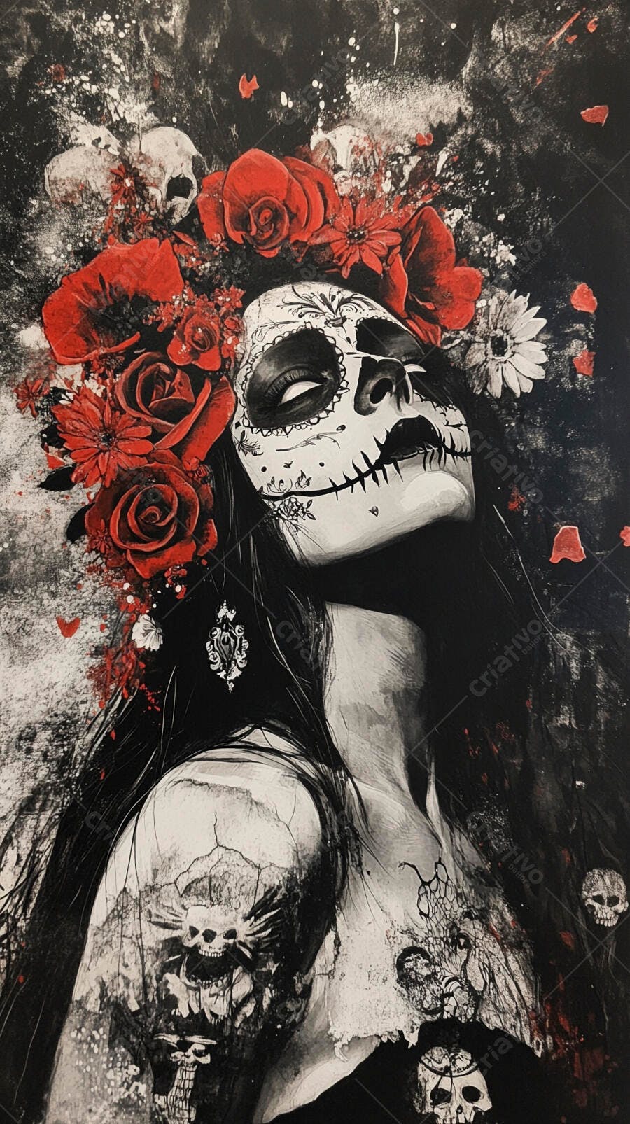 Catrina com Flores Vermelhas Dia de Los Muertos