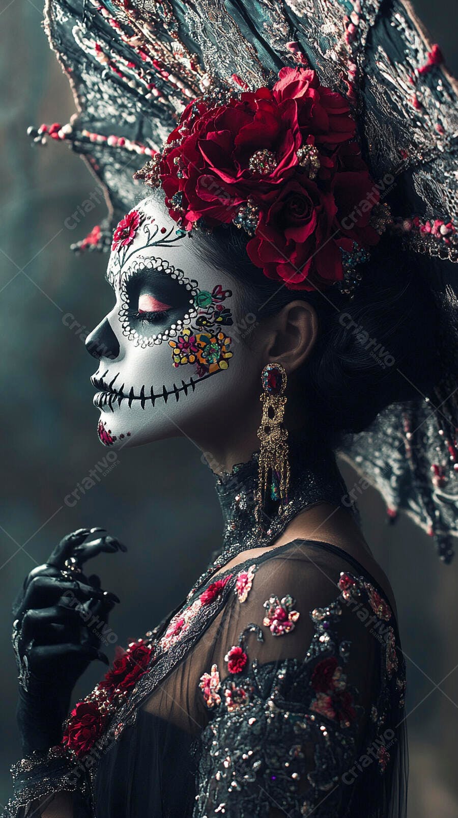 Modelo com maquiagem de Catrina Dia de los Muertos