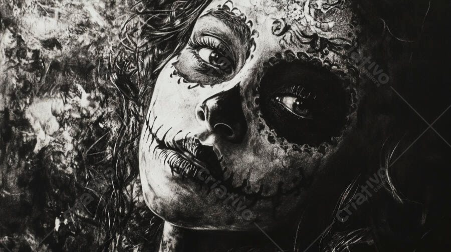 Mulher com maquiagem de caveira Dia dos Mortos