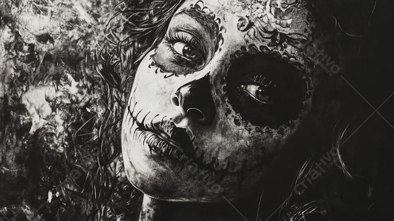 Retrato Artístico em Preto e Branco de Mulher com Maquiagem La Catrina e Chapéu Decorado com Rosas no Estilo Dia de Los Muertos