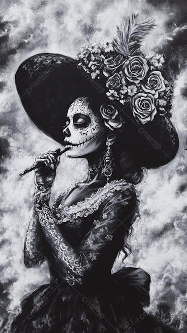 Retrato Artístico em Preto e Branco de Mulher com Maquiagem La Catrina e Chapéu Decorado com Rosas no Estilo Dia de Los Muertos