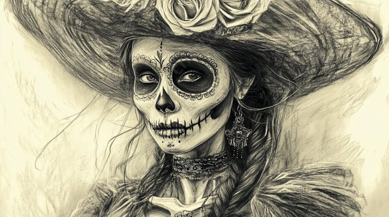 Retrato Artístico em Preto e Branco de Mulher com Maquiagem La Catrina e Chapéu Decorado com Rosas no Estilo Dia de Los Muertos