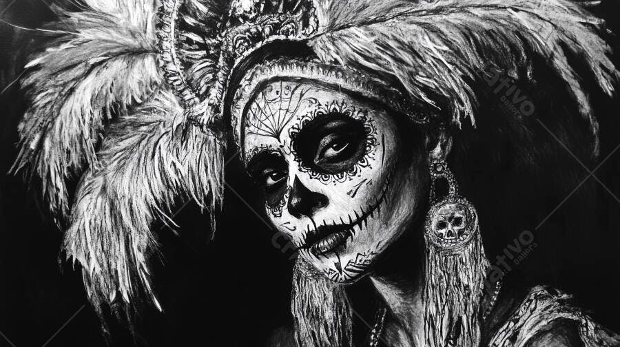 Retrato feminino Dia dos Mortos em preto e branco