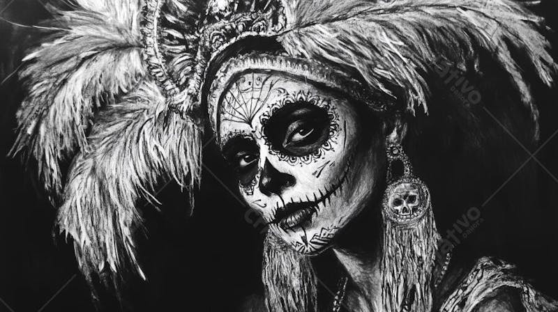 Retrato Artístico em Preto e Branco de Mulher com Maquiagem La Catrina e Chapéu Decorado com Rosas no Estilo Dia de Los Muertos