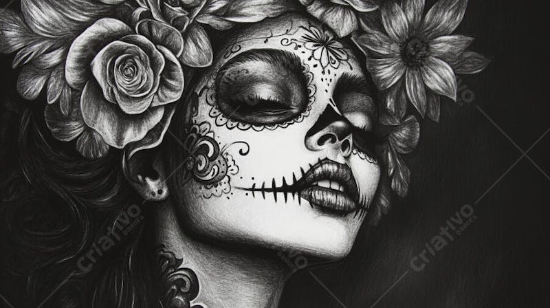 Retrato Artístico em Preto e Branco de Mulher com Maquiagem La Catrina e Chapéu Decorado com Rosas no Estilo Dia de Los Muertos