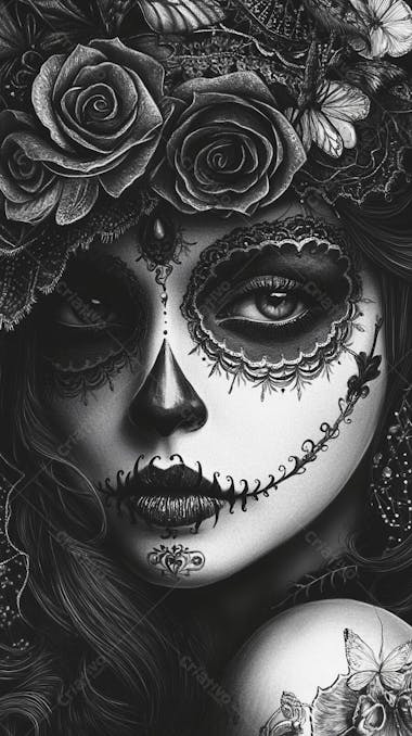 Retrato Artístico em Preto e Branco de Mulher com Maquiagem La Catrina e Chapéu Decorado com Rosas no Estilo Dia de Los Muertos