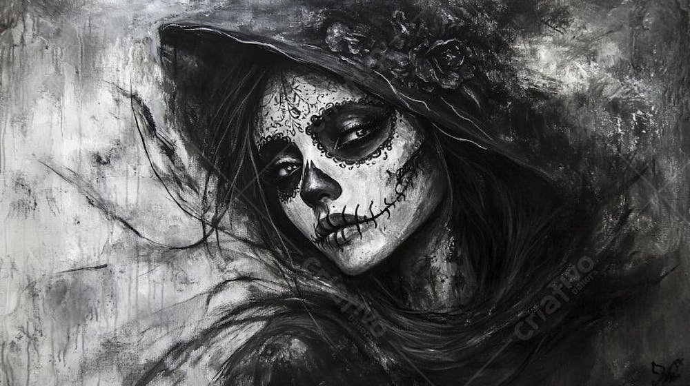 Retrato Artístico em Preto e Branco de Mulher com Maquiagem La Catrina e Chapéu Decorado com Rosas no Estilo Dia de Los Muertos