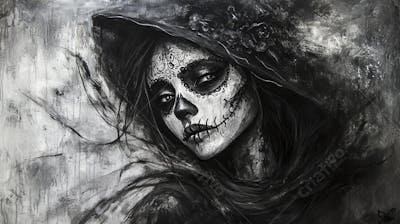 Retrato Artístico em Preto e Branco de Mulher com Maquiagem La Catrina e Chapéu Decorado com Rosas no Estilo Dia de Los Muertos
