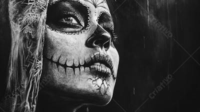 Retrato Artístico em Preto e Branco de Mulher com Maquiagem La Catrina e Chapéu Decorado com Rosas no Estilo Dia de Los Muertos