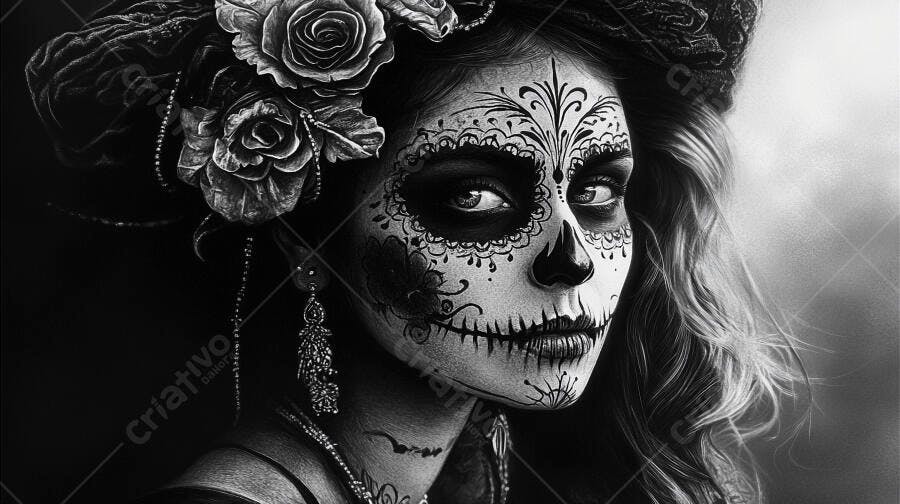 Mulher com maquiagem de caveira Dia dos Mortos