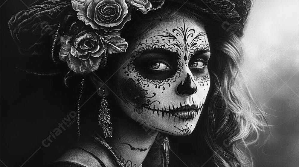 Retrato Artístico em Preto e Branco de Mulher com Maquiagem La Catrina e Chapéu Decorado com Rosas no Estilo Dia de Los Muertos