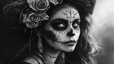 Retrato Artístico em Preto e Branco de Mulher com Maquiagem La Catrina e Chapéu Decorado com Rosas no Estilo Dia de Los Muertos
