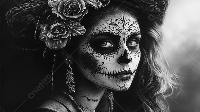 Retrato Artístico em Preto e Branco de Mulher com Maquiagem La Catrina e Chapéu Decorado com Rosas no Estilo Dia de Los Muertos