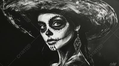 Retrato Artístico em Preto e Branco de Mulher com Maquiagem La Catrina e Chapéu Decorado com Rosas no Estilo Dia de Los Muertos