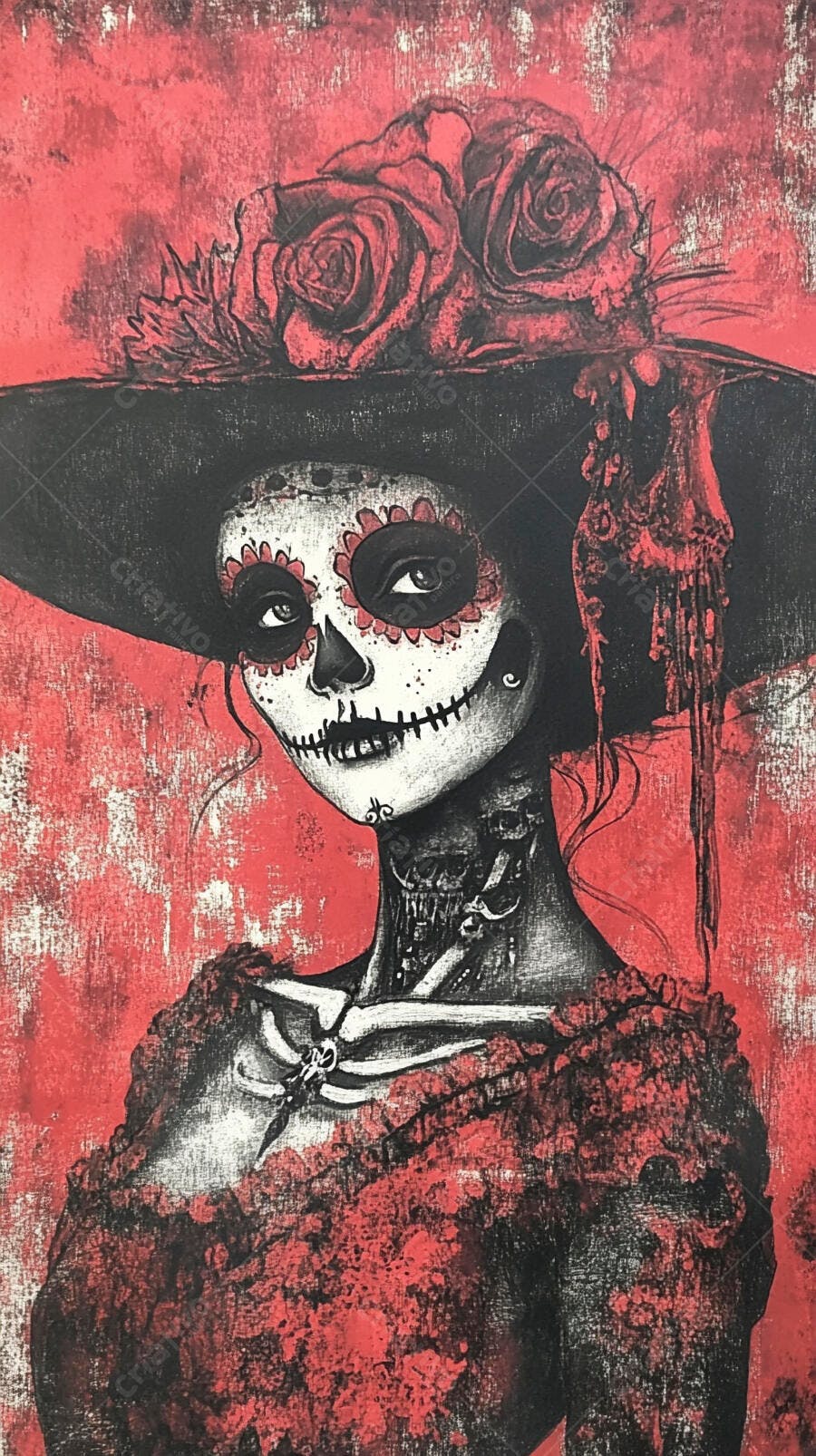 Catrina em tons vermelhos e pretos