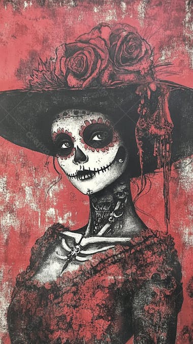 Retrato Artístico em Preto e Branco de Mulher com Maquiagem La Catrina e Chapéu Decorado com Rosas no Estilo Dia de Los Muertos