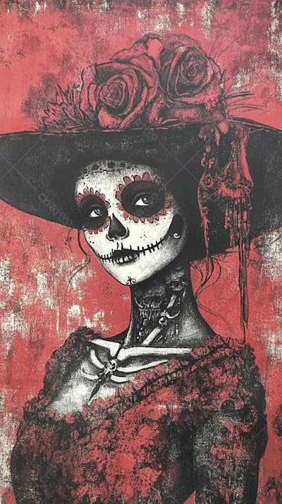Retrato Artístico em Preto e Branco de Mulher com Maquiagem La Catrina e Chapéu Decorado com Rosas no Estilo Dia de Los Muertos