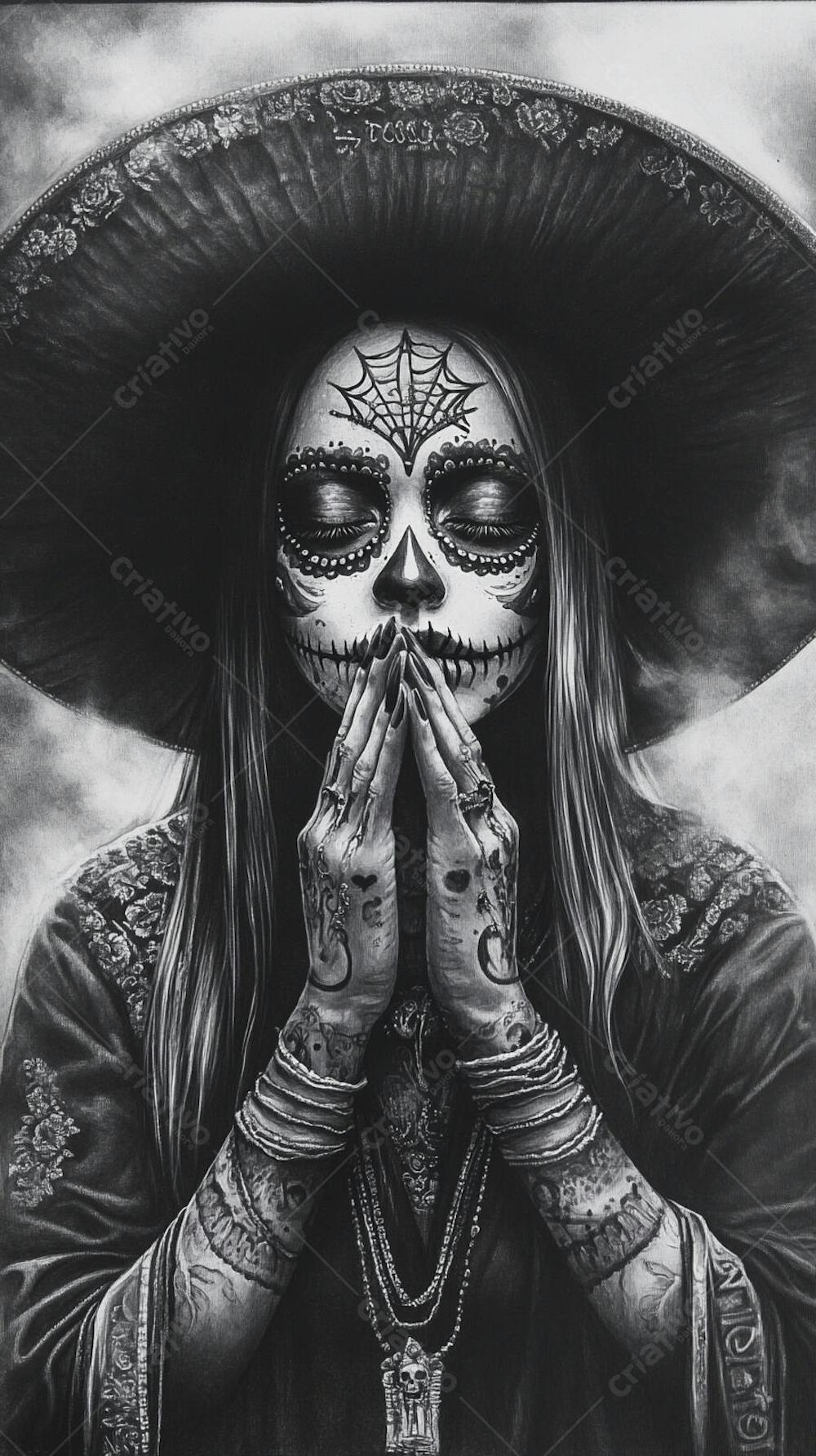 Retrato Artístico em Preto e Branco de Mulher com Maquiagem La Catrina e Chapéu Decorado com Rosas no Estilo Dia de Los Muertos