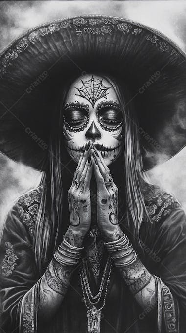 Retrato Artístico em Preto e Branco de Mulher com Maquiagem La Catrina e Chapéu Decorado com Rosas no Estilo Dia de Los Muertos