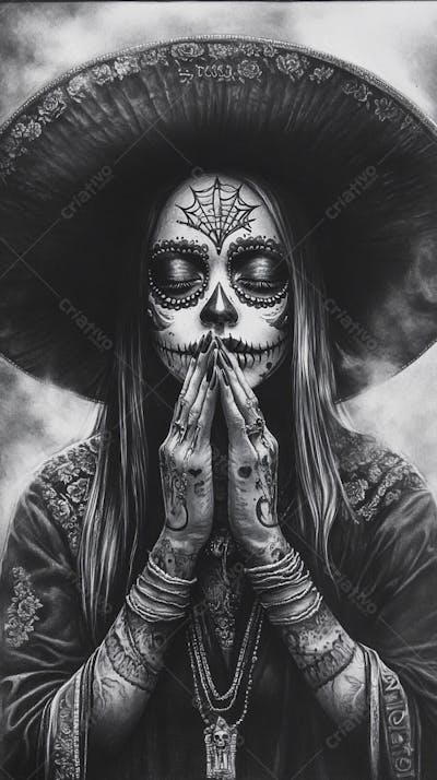 Retrato Artístico em Preto e Branco de Mulher com Maquiagem La Catrina e Chapéu Decorado com Rosas no Estilo Dia de Los Muertos