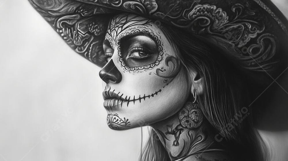 Retrato Artístico em Preto e Branco de Mulher com Maquiagem La Catrina e Chapéu Decorado com Rosas no Estilo Dia de Los Muertos