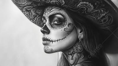 Retrato Artístico em Preto e Branco de Mulher com Maquiagem La Catrina e Chapéu Decorado com Rosas no Estilo Dia de Los Muertos