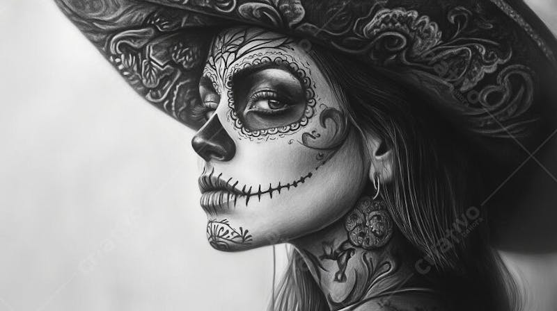 Retrato Artístico em Preto e Branco de Mulher com Maquiagem La Catrina e Chapéu Decorado com Rosas no Estilo Dia de Los Muertos
