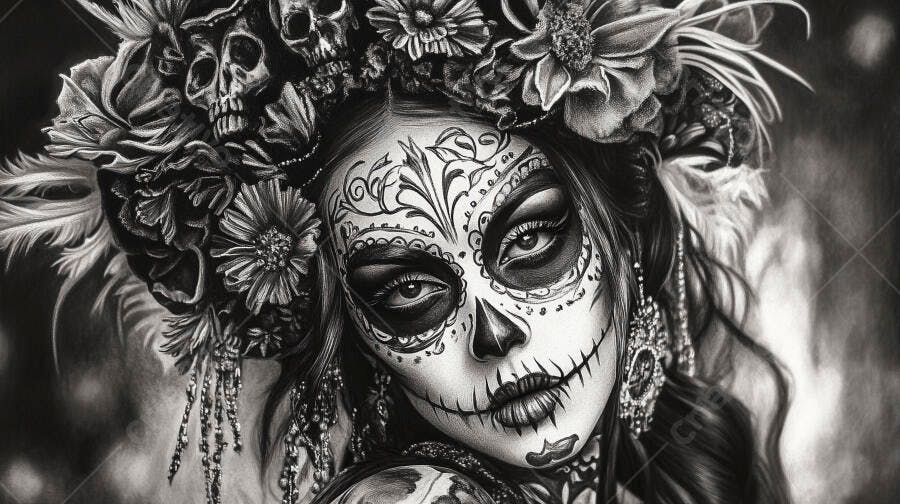 Mulher com maquiagem de caveira Dia dos Mortos