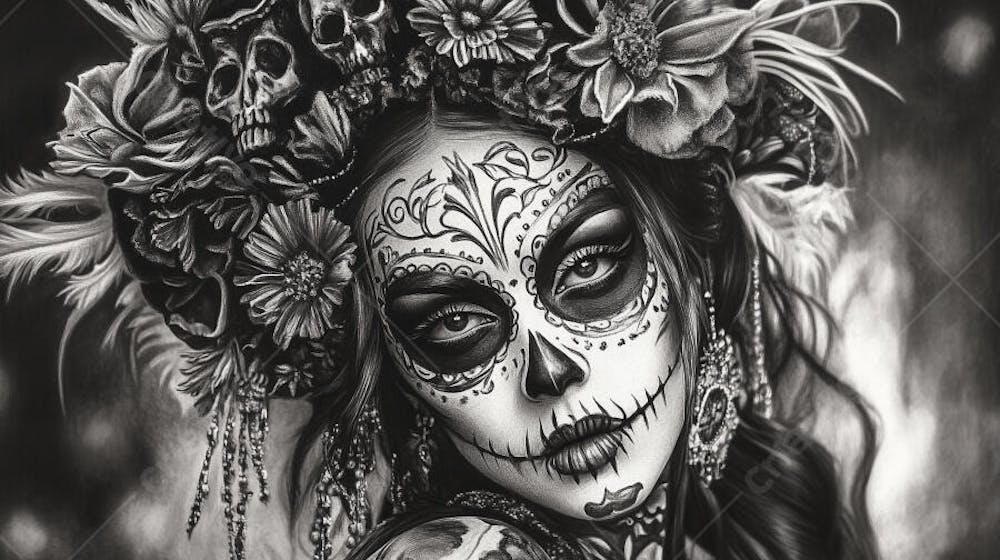 Retrato Artístico em Preto e Branco de Mulher com Maquiagem La Catrina e Chapéu Decorado com Rosas no Estilo Dia de Los Muertos