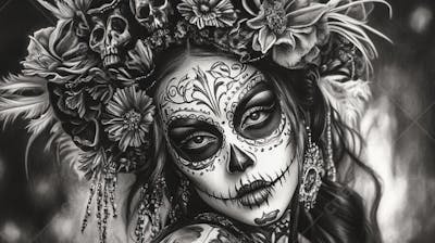 Retrato Artístico em Preto e Branco de Mulher com Maquiagem La Catrina e Chapéu Decorado com Rosas no Estilo Dia de Los Muertos