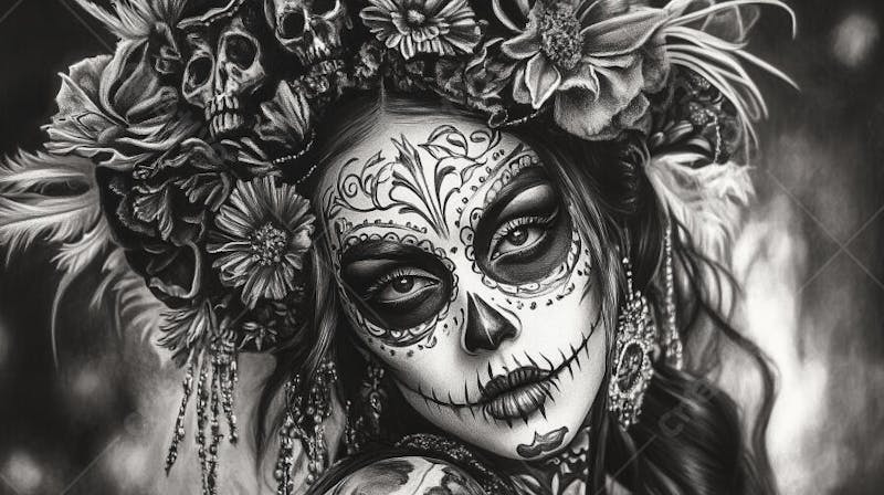 Retrato Artístico em Preto e Branco de Mulher com Maquiagem La Catrina e Chapéu Decorado com Rosas no Estilo Dia de Los Muertos