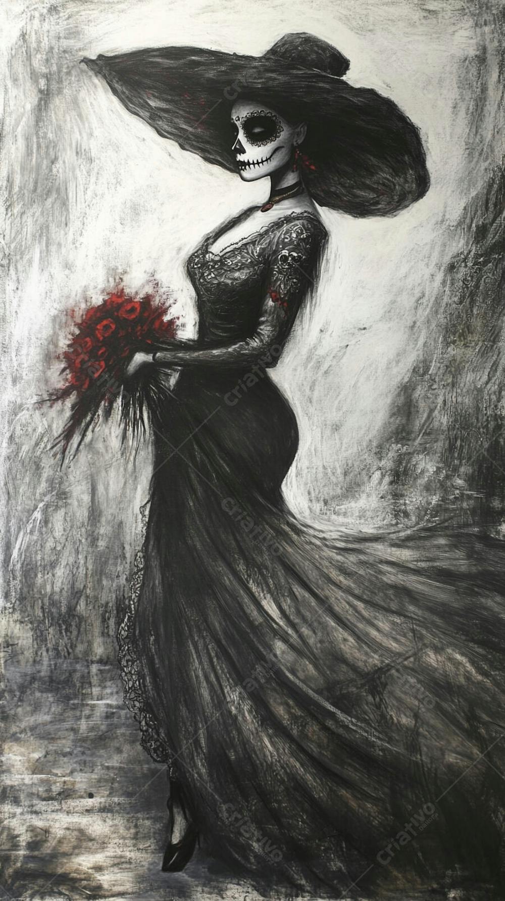 Retrato Artístico em Preto e Branco de Mulher com Maquiagem La Catrina e Chapéu Decorado com Rosas no Estilo Dia de Los Muertos